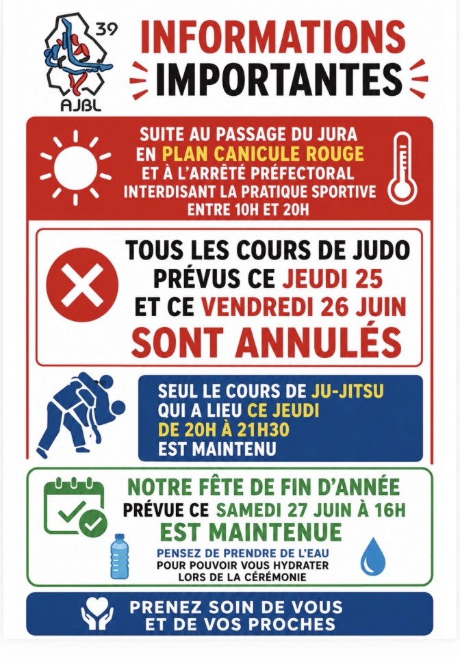 Image de l'actu 'Annulation des cours de judo du jeudi 25 et du vendredi 26 juin'