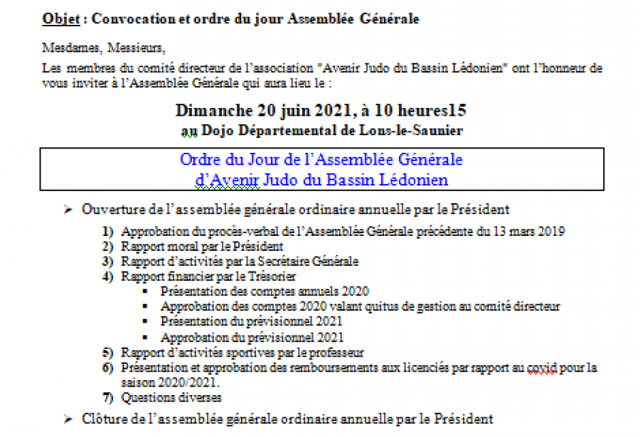 Assemblée générale élective de l'AJBL le dimanche 20 juin 2021